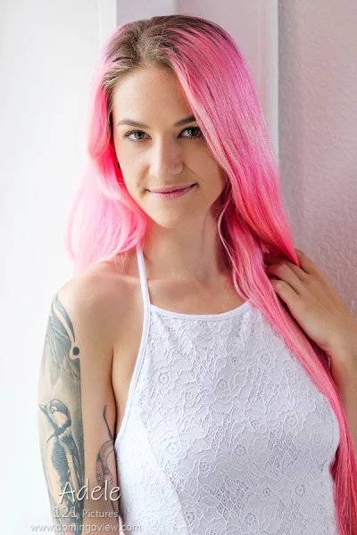 Pink hair girl Adele naked at the window Photo Cover